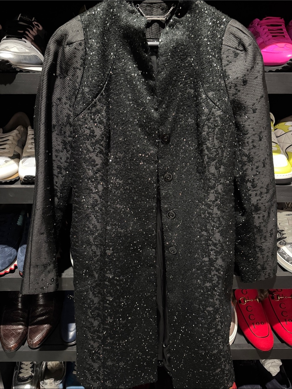 White House Black Market Black Sequin Longline Trench Coat